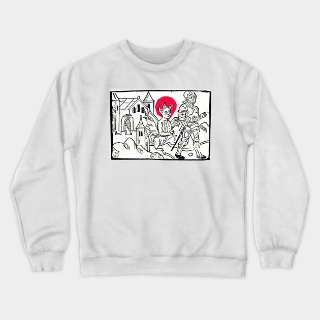 The Devil pursues the medieval knight who, despite his armor, is vulnerable to sin. Vintage drawing. Crewneck Sweatshirt by Marccelus